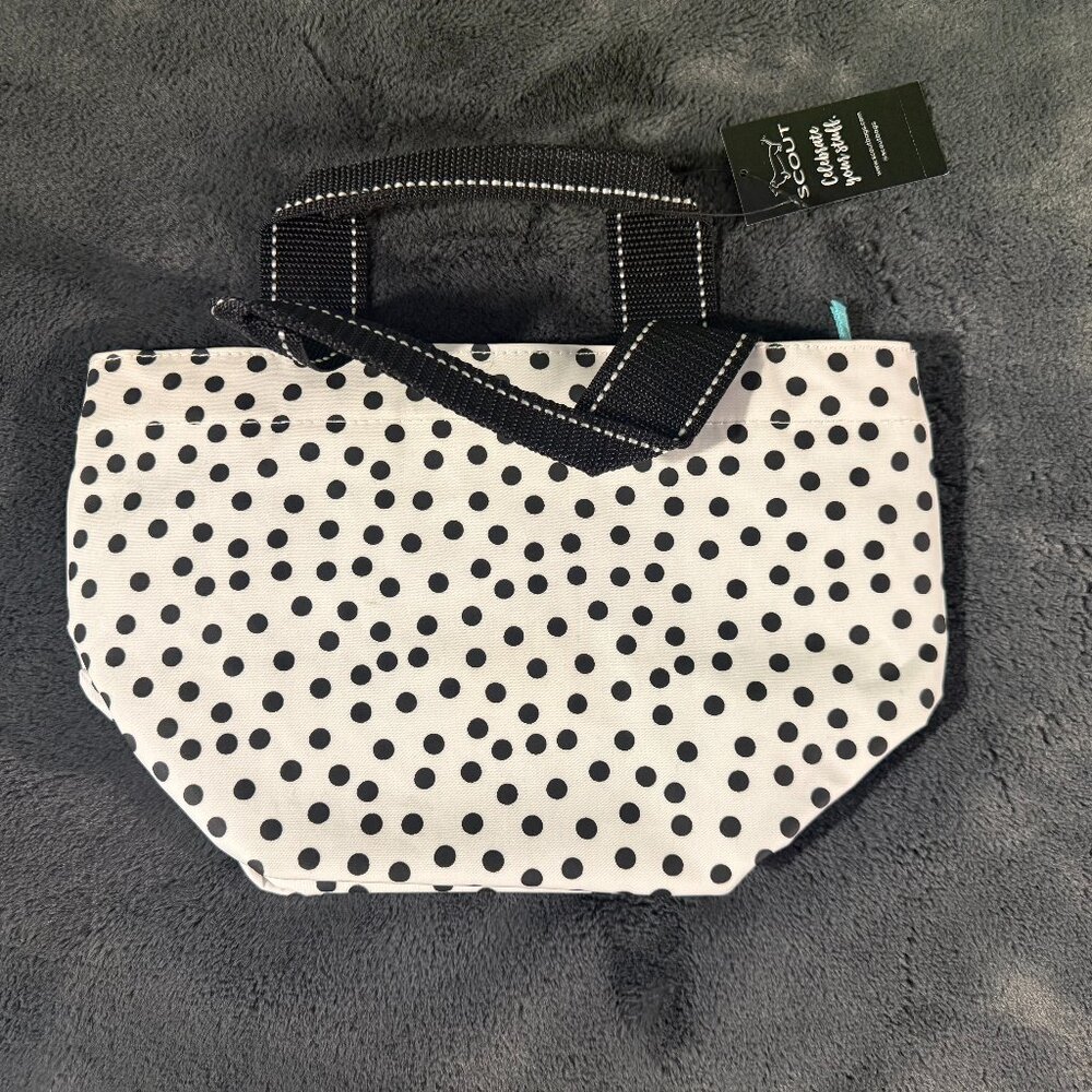 NWT - Scout Little Tripper Small Tote Bag - White, Black Polka Dots, Teal Zipper - Picture 2 of 3